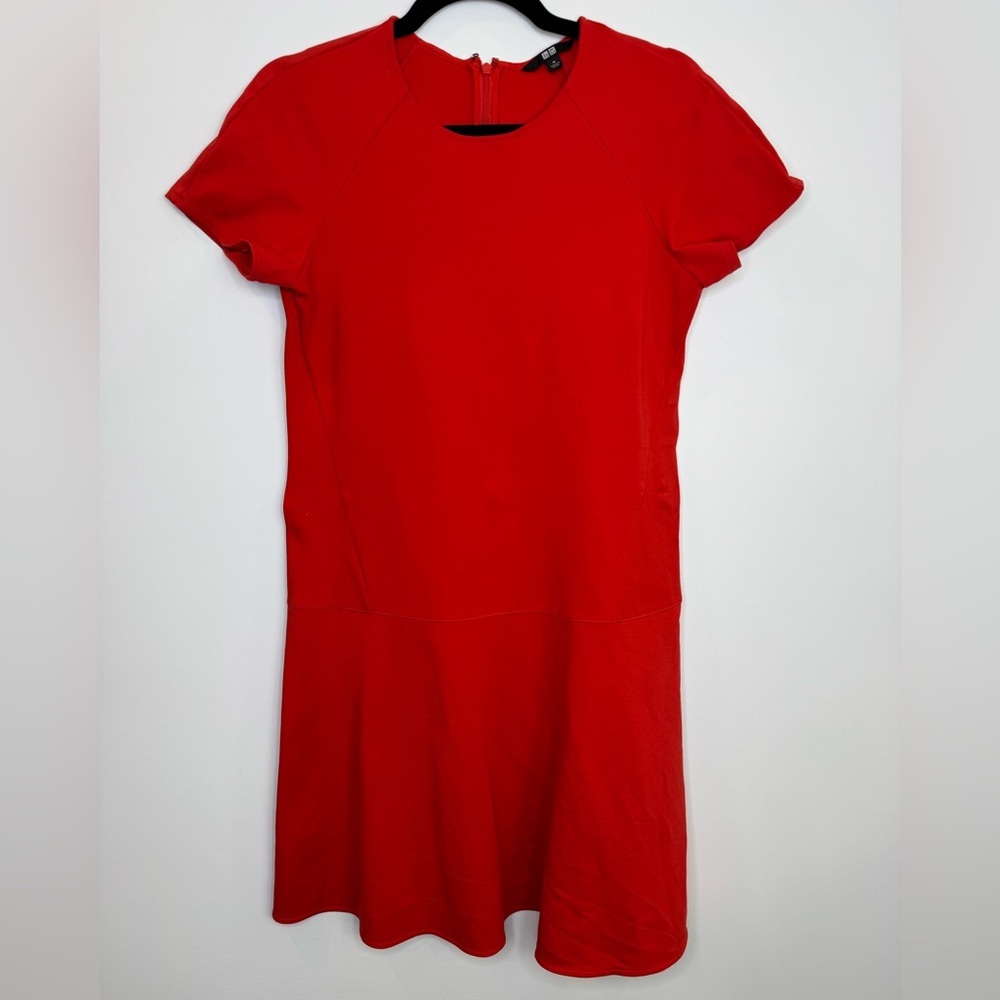 Uniqlo Red Orange Dress Ponte Flare Cap Sleeve Womens M Round Neck Stretch